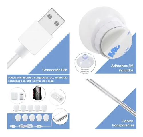 Luces LED Maquillaje Espejo Hollywood USB 10 Jessamy Fría E161