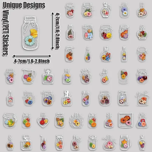 50pcs Pack De Stickers De Flores Secas En Botella