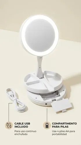 Espejo De Maquillaje Redondo Plegable Aitech Usb Pila Blanco Redondo Recargable Portatil Rotacion Ajustable Tactil Luz Fria Calida Tocador Viaje Profesional Base Estable