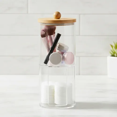 Organizador Cosméticos Doble Piso Acrílico Tapa Bambú 17x7cm