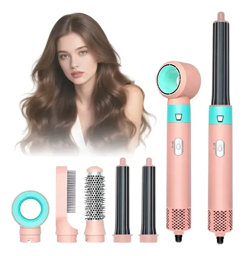 Set Modelador Cepillo Secador Pelo 5 En 1 Electrico Rulos Rosa