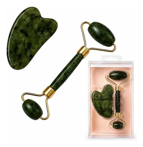 Kit Rodillo Masajeador Facial + Piedra Gua Sha Jade Roller Verde Jade