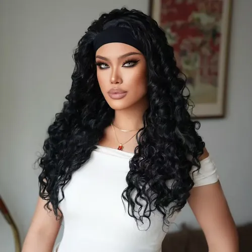 Peluca De Banda Negra Ondulada Profunda 65cm Para Mujer Xf