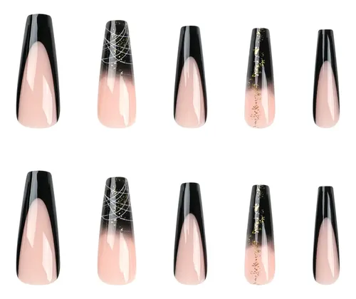 Xw. Aflorish- Unhas Francesa Nude Borda Preta Brillo Dorado