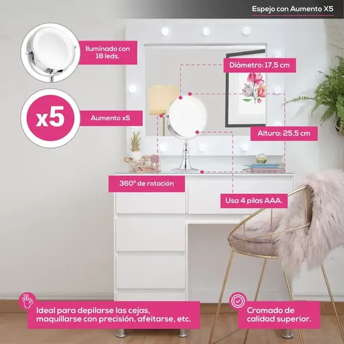 Espejo Led Maquillaje Aumento X5 Doble Faz Cromado 17,5 Cm
