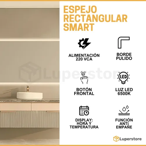 Espejo Rectangular Led Touch Colgar Luz Fria Baño Tactil