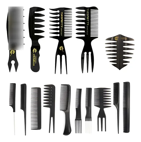 Set De 15 Peinetas Con Dientes Anchos Y Finos, Color Negro Negro