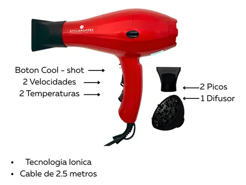 Secador de Pelo Stylemakers Advance Rojo 2200W Iónico Profesional con Difusor