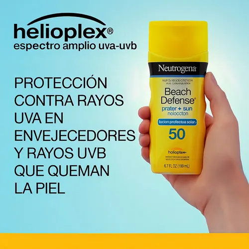 Neutrogena Beach Defense Protector Solar SPF50 198ml Locion Corporal Amplio Espectro Helioplex Resistente Al Agua Para Playa Alberca Deporte Sol Cuerpo Piel Hidratada Uso Diario UVA UVB Proteccion UVA