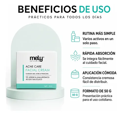 Crema Facial Mely Acne Care Ácido Salicílico Té Verde 50g Acneica Día/noche