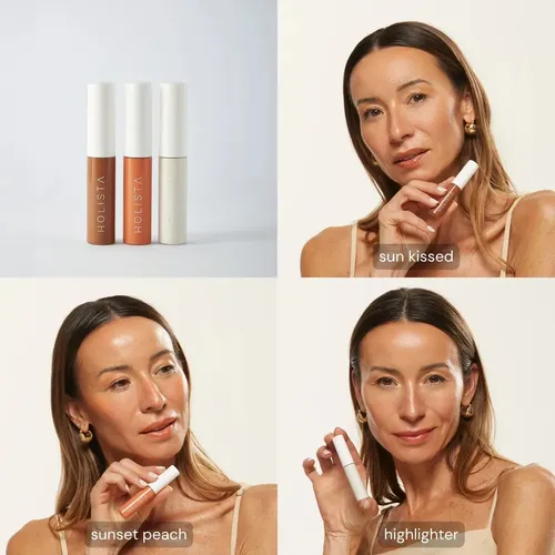Holista Skincare Makeup Trío (bronzer Rubor Iluminador) Tono del maquillaje Sunset Peach – Sun Kissed – Gold