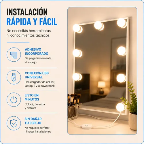 Kit Lamparas Led Espejo Tocador Luces Maquillaje Usb 220v