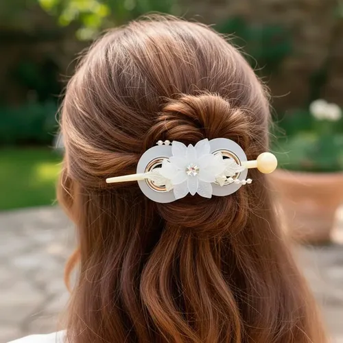 Hebilla Francesa Pasante De Pelo Diseño De Hojas | Pack X 12 Color Flor Blanca Con Plateado