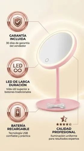 Espejo Para Maquillaje Redondo Con Luz Led Táctil Usb