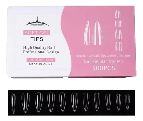 Tips Soft Gel Press On Paris Night Caja X500 Uñas Postizas Color Stiletto Regular
