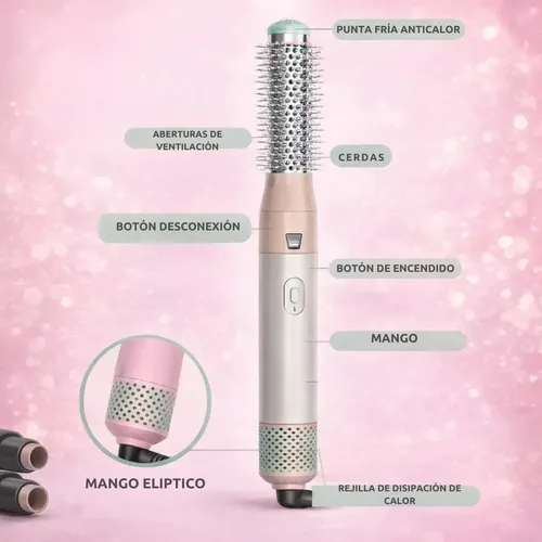 Set Modelador Cepillo Secador Pelo 5 En 1 Electrico Rulos Rosa