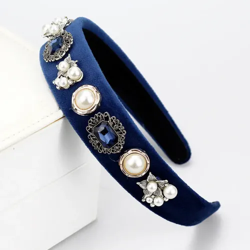 Vincha Vintage De Perlas Barrocas Y Strass Azul Marino