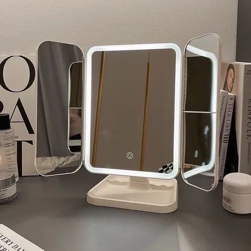 Espejo De Maquillaje Led Plegable 3 Caras, Luz Ajustable Y J