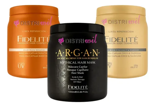 Kit Fidelite X3 Mascaras Capilares Argan Mythical + Keratina Reestructurante + Coco y Vainilla X1kg
