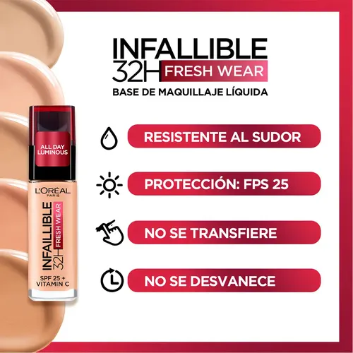 Base de maquillaje líquida L’Oréal Paris Infallible 32 Hour Fresh Wear Foundation Base de Maquillaje Líquida de Alta Cobertura y Larga Duración Infallible 32h Freshwear de L’óreal Paris tono 130 true