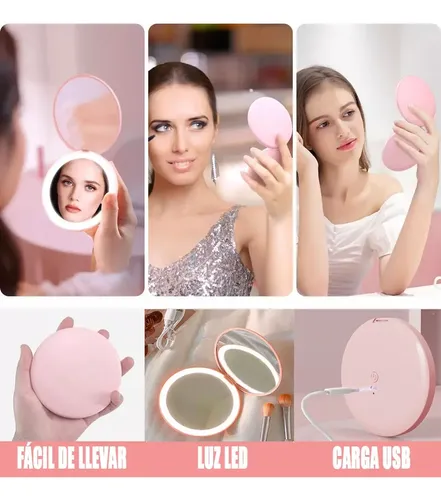 Espejo De Maquillaje Led Portátil Recargable Rosa Para