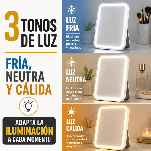 Espejo Led Táctil Recargable 3 Tonos Luz Usb