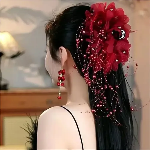 A Pinza Pelo Roja Borla Decorativa Fixadora Cabello Estilo