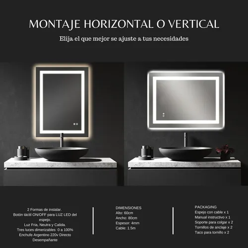 Espejo Inteligente Luz Led Desempaña Baño Reversible 60×80