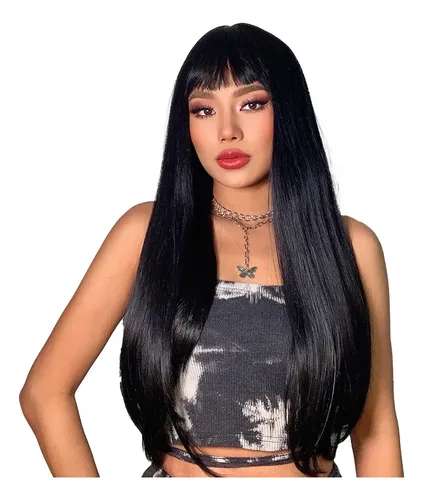 Peluca Larga Negra De Cabello Humano Con Flequillo Y Gorro D