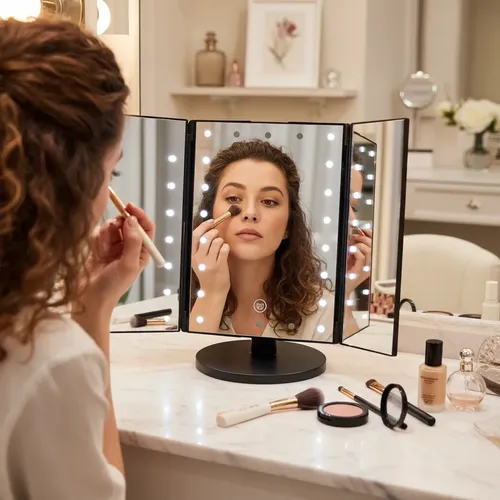 Espejo Maquillaje Tríptico Plegable Con Luces Led De Mesa