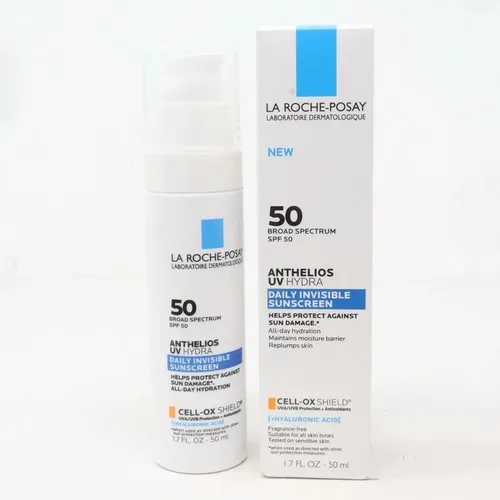 La Roche Posay Protector solar UV Hydra Anthelios – FPS 50 – 50 ml cell-OX Shield con ácido hialuronico 1.7 fl oz mantiene tu piel sana e hidratada.