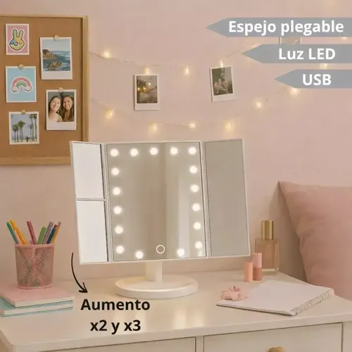 Espejos De Maquillaje Plegable Con Luz Led Táctil 3 Aumentos
