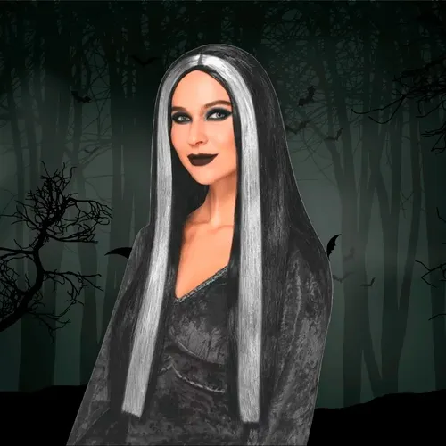 Party Store- Peluca Morticia Negra Y Blanca Cotillon Dizfraz