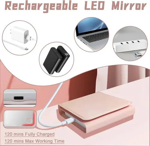 Espejo de Maquillaje Recargable con Luz LED y Aumento 5X/10X para Bolso Rosa