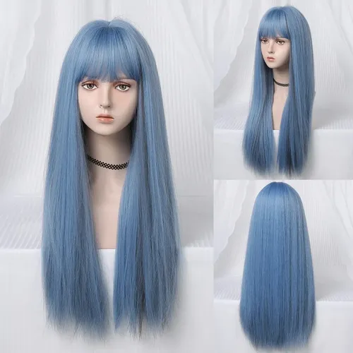 Pelucas Sintéticas Largas Y Rectas For Mujer, Azul Claromuc