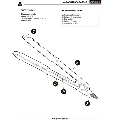 Planchita de Cabello Yelmo AP-3365 35W Placas Anchas Cable Giratorio 360