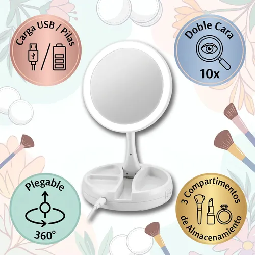 Espejo Doble Cara Luz Led Maquillaje Articulado Aumento Base