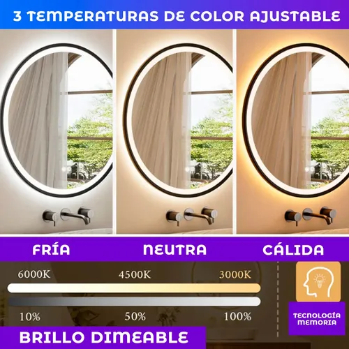 Espejo Pared Luz Led Tactil Luz Fría Cálida Neutra Con Usb