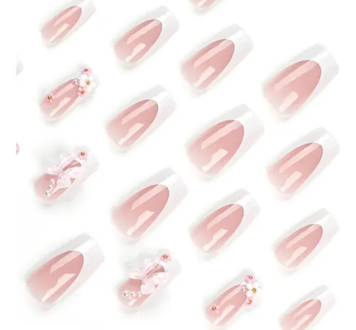 Uñas Postizas Con Lazo Rosa, Adhesivos Para Uñas.