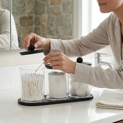 Set 3 Piezas Organizador Baño Frascos Hisopos 3pcs And Tray