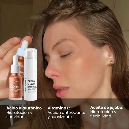 Set De Maquillaje Crema Facial Iluminadora Glow + Bronzer Líquido Sun Drops Efecto Bronceado | Dorado | Iluminador | Bronceador | En Gotas | Rubor | Multitasker Skincare Maquillaje Tono Personalizable