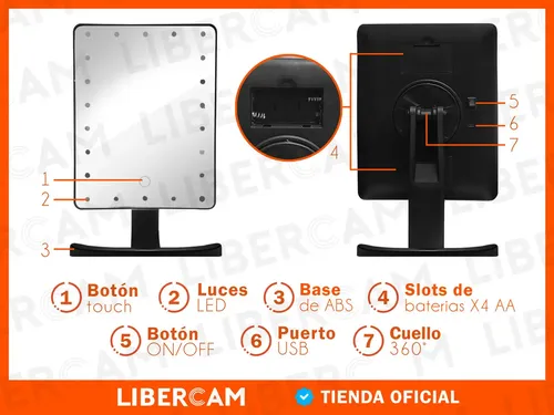 Espejo De Maquillaje Tactil Luz Blanco Frio LIBERCAM ESP-01 USB Color Negro