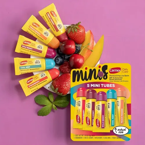 Carmex Bálsamo Labial Mini Pack 5 Sabores (Cereza, Mora Salvaje, Fresa, Menta Fresca, Mango-Durazno) | Hidratante con Protección Solar SPF 15, Suaviza y Hidrata Labios Secos y Agrietados
