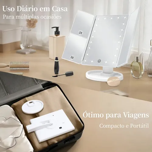 Espejo de Maquillaje Plegable con Triple LED y Aumento 3X para Maquillaje de Rostro, Recargable por USB, con Base Organizadora de 180°