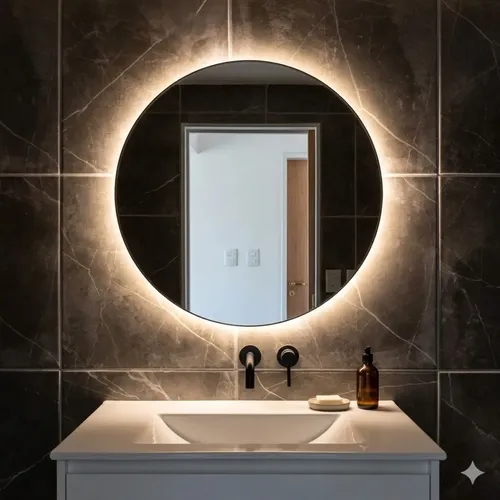Espejo Luz Led Pared Baño 70 Cm Redondo Moderno Negro