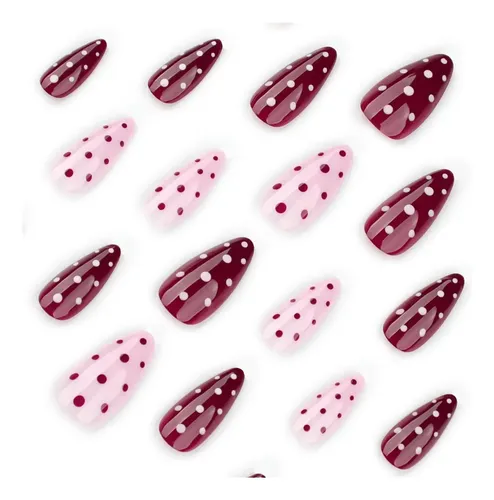 Uñas Artificiales En Tono Albaricoque Con Lunares Rojos.