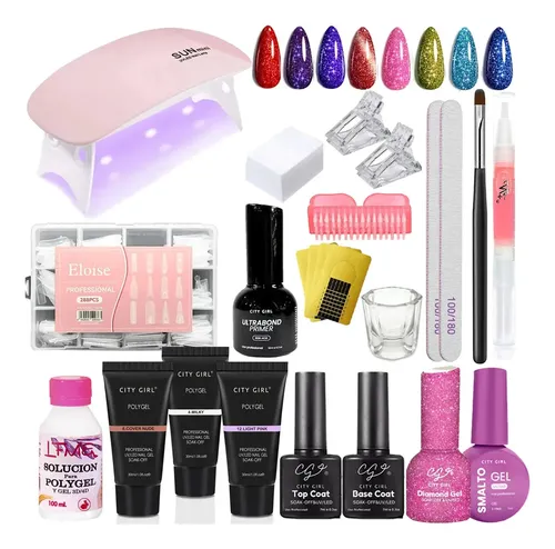 Kit Uñas Esculpidas Polygel X3 Esmaltado Glitter Uv Completo