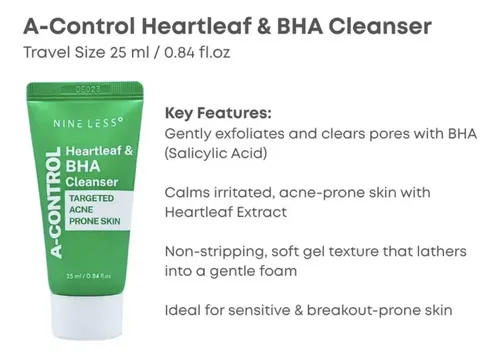 Nineless Mini Limpiador A-control Heartleaf Y Bha 25ml Acneica Día/noche