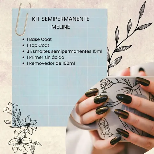 Kit 7 Meline Esmalte Uñas Semipermanente Base Gel Top Coat