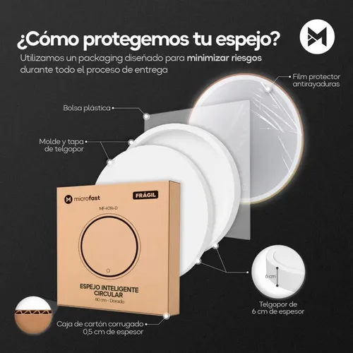 Espejo Redondo con Luz LED Táctil para Baño, Desempañante y Marco Dorado de 60 cm